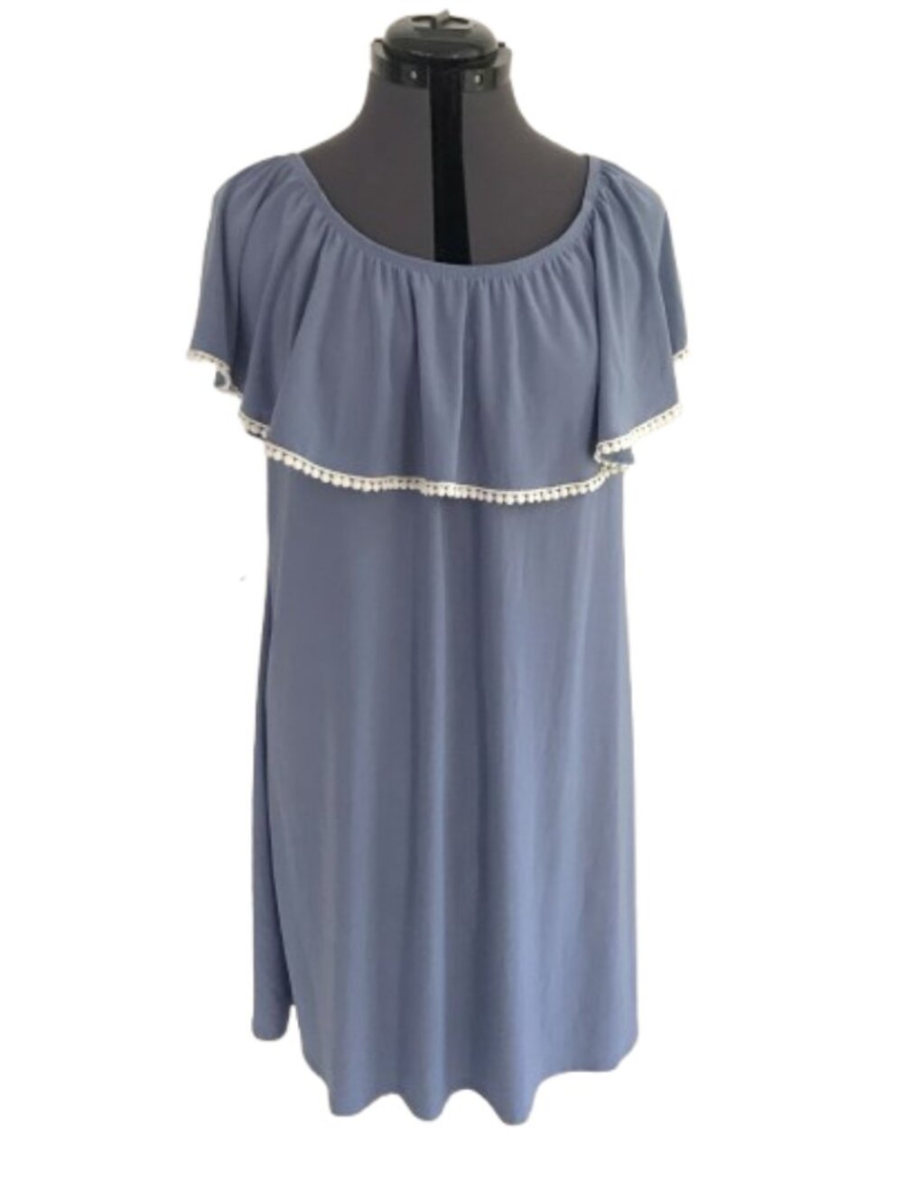 Ellen Parker Slate Blue Dress w/ Ivory Crochet Accented Collar, Size XL
